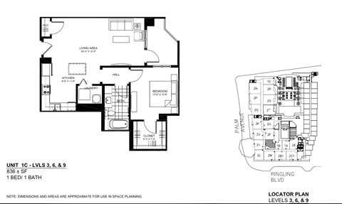 Floor plan for 1 bed, 1 bath, 840 sqft